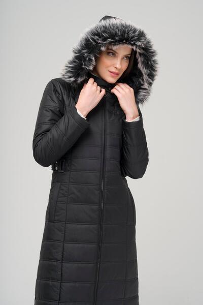 Olcay Odnímatelný dlouhý prošívaný kabát s kožešinou ČERNÝ 6515