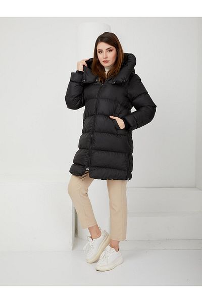 Olcay Puffermantel mit gestricktem Kragen und Ärmeln und seitlichem Reißverschluss Schwarz 6298