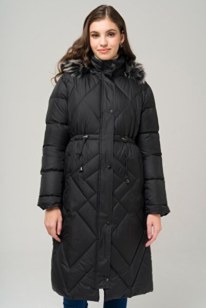 Olcay Odnímatelný dlouhý kabát s kapucí a šňůrkou v pase BLACK 6517