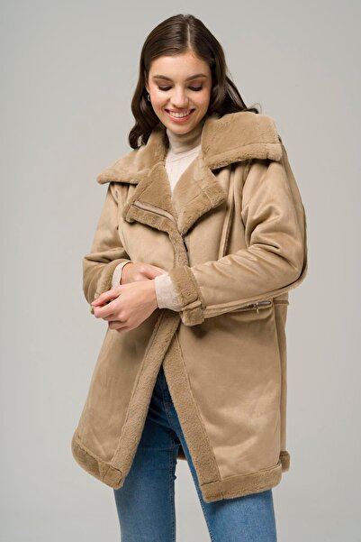 Olcay Semišový kabát TAŞ 6513 podšitý kožešinou se zapínáním na zip