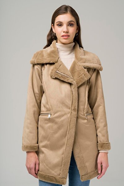 Olcay Semišový kabát TAŞ 6513 podšitý kožešinou se zapínáním na zip