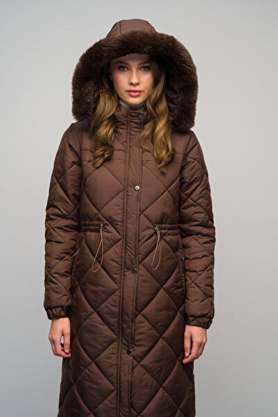 Olcay Odepínací chlupatý kabát s kapucí, dlouhý prošívaný kabát, hnědý 6622