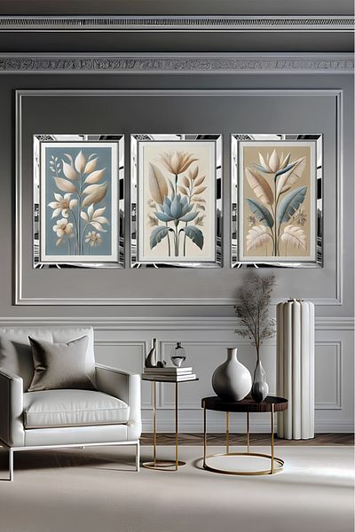avm19 Pictură cu lalele albastre pastel - 3 elefanți în cadru din plexiglas