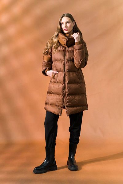Olcay Παλτό Puffer με Πλεκτό Γιακά και Μανίκια και Πλαϊνό Φερμουάρ Κανέλα 6298