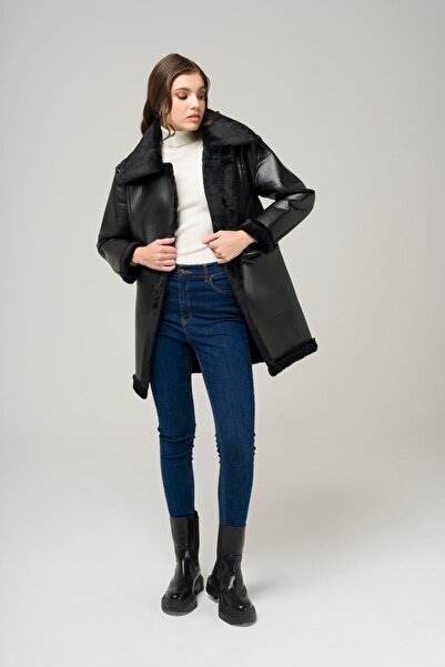 Olcay Kožený kabát s kožešinovou podšívkou se zapínáním na zip ČERNÁ 6513-D