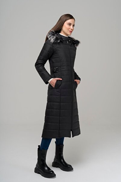 Olcay Odnímatelný dlouhý prošívaný kabát s kožešinou ČERNÝ 6515