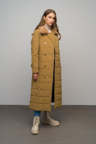 Olcay KAMEL 6660 - Καπιτονέ μακρύ παλτό με διπλό στήθος με γούνινο γιακά