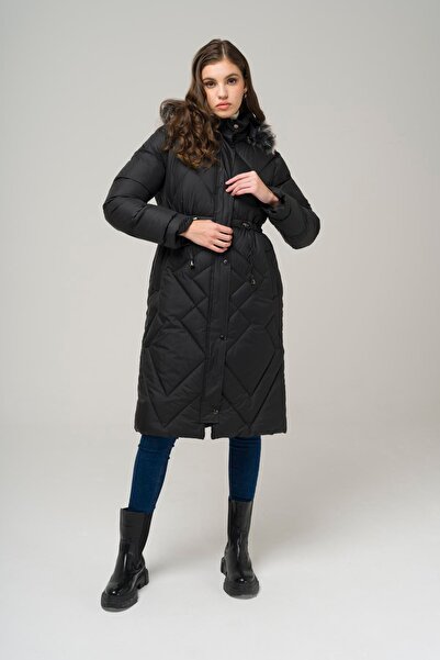 Olcay Odnímatelný dlouhý kabát s kapucí a šňůrkou v pase BLACK 6517