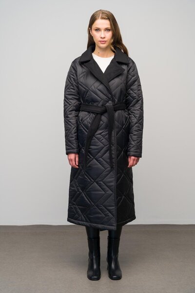 Olcay Černý dlouhý prošívaný kabát – dvouřadý a zdobený kašmírem 6625