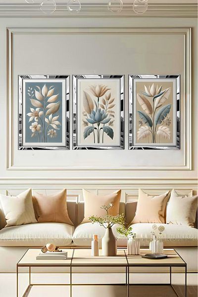 avm19 Pictură cu lalele albastre pastel - 3 elefanți în cadru din plexiglas