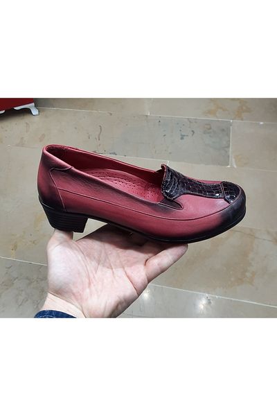 BELOX Women's Inside-Outside Genuine Leather Orthopedic Split Heeled Seasonal Pomegranate Flower Burgundy Shoes