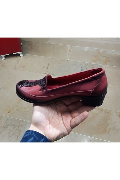 BELOX Women's Inside-Outside Genuine Leather Orthopedic Split Heeled Seasonal Pomegranate Flower Burgundy Shoes