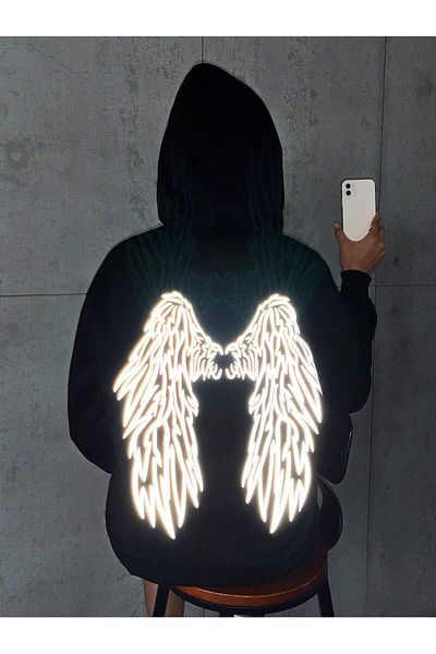 LEIVOR Черен суитшърт с качулка и светоотразителен принт Angel Wings Night Glow