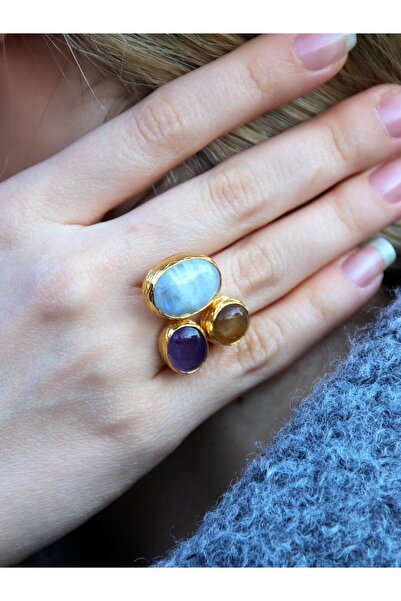 esha Doğal Taş 3'lü Doğal Taşlı Ayarlanabilir Altın Kaplama Kadın Yüzük Aytaş...