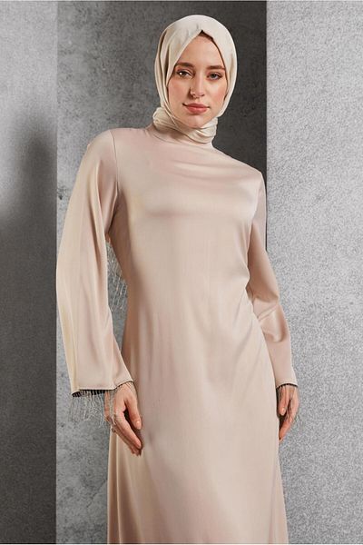 TRENDTESETTÜR Μπεζ σατέν γυναικείο βραδινό φόρεμα - T 5744