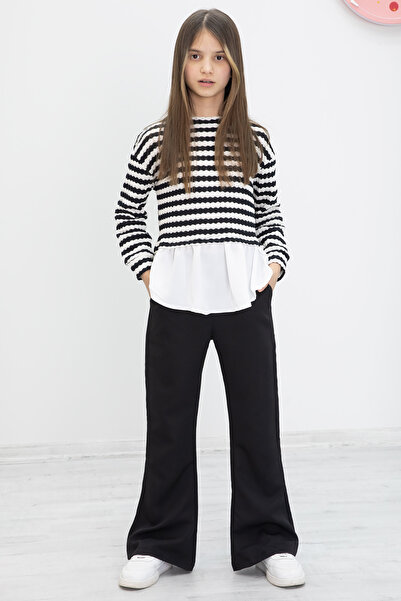 Cansın Mini Black Striped Blouse and Spanish Leg Pants Set for Girl - 19986