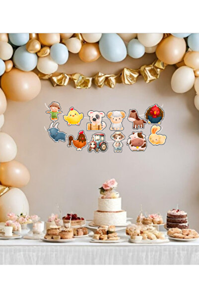 Hiras Dizayn Çiftlik Hayvanları Temalı Doğumgünü Banner Flama 12 Parça Parti ...