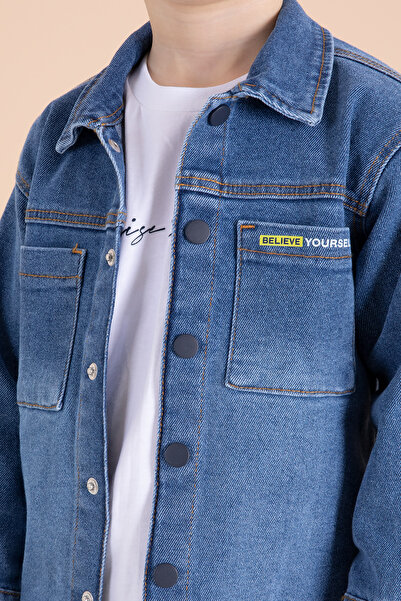 Cansın Mini Темно-синя джинсова сорочка з літньою футболкою з принтом Комплект для хлопчиків 3 шт.