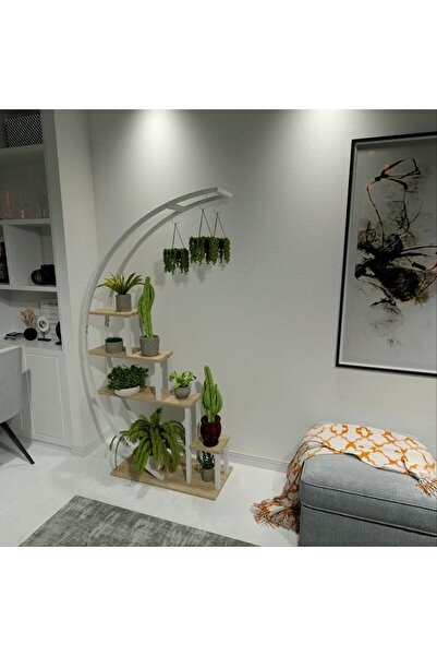 MAVİ TREND Dekoratif Metal Çiçeklik Ferforje Ahşap Çiçeklik Saksılık BEYAZ