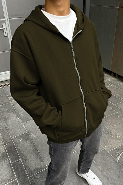 YAKAMEL Ανδρική Ζακέτα Φούτερ με φερμουάρ, ΧΑΚΙ, με βαμβακερή επένδυση εσωτερ...