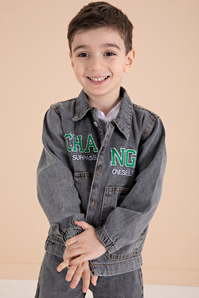 Cansın Mini Smoked Print Embroidered Jacketed 3-Piece Boys' Jeans Suit 20003