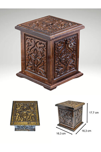 Deco Elit Maraş Oyma Ahşap Kumbara Sandık Tip Box Kutusu Büyük Boy Ceviz Ahşap Dikey Kumbara