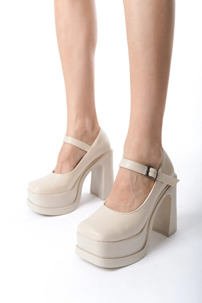 Preshley Kadın Napoli Krem Cilt Tek Baretli (12 cm ) Platform Topuklu Ayakkabı