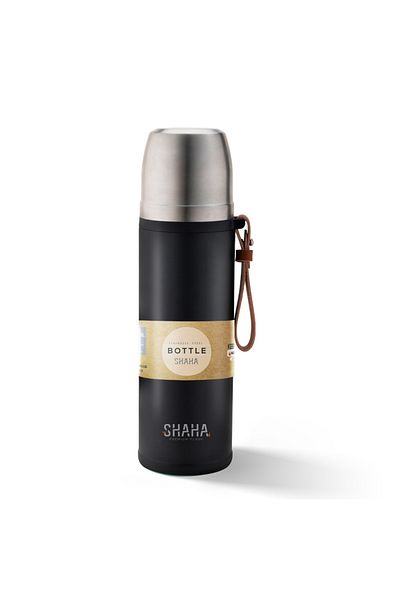 SHAHA VACCUM BOTTLE 450ML WITH LEATHER HANDLE BLACK