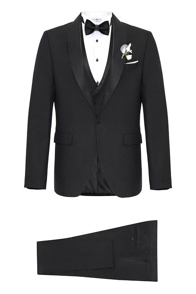 SÜVARİ Sli̇M Calip Shawl Collar Plain Si̇Yah Smoki̇N Bridegroom Suit Elbi̇Se