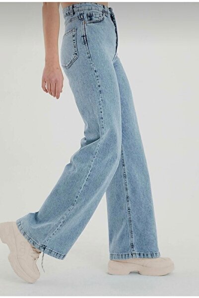 MAKRAS EXCLUSIVE A150887 Blue Palazzo High Waist Flare Jeans Boyfriend Loose Wide Leg Denim Pants