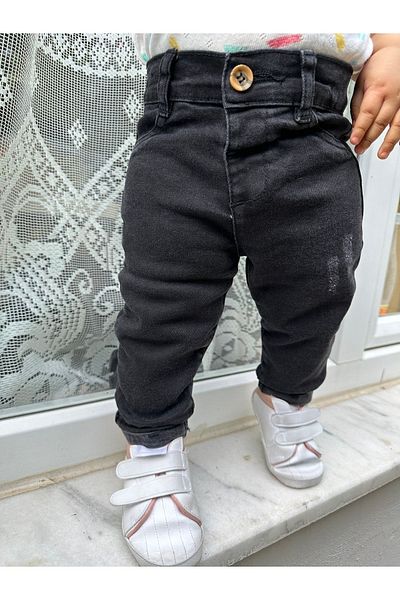 minny max Black Denim Kids Trousers with Elastic Waist Fraying Detail