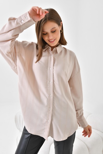 Suffy Kadın Oversize Basic Gömlek Bej Rahat Kesim