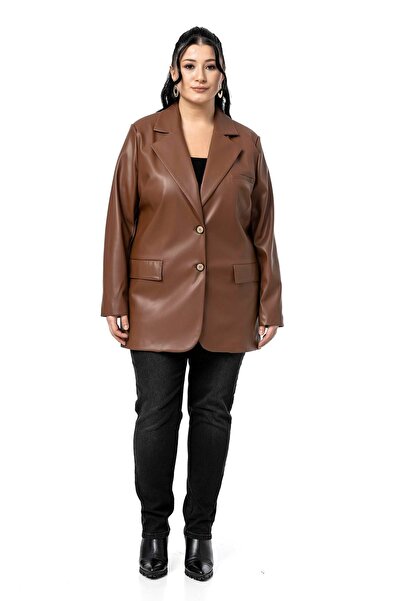 DISENTIS MODEST Jachetă din piele artificială maro cu buzunare cu clapetă și ...