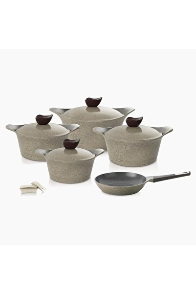 NEOFLAM Aeni,Cooking set 11pcs,pot18,20,24,28cm,frypan 24,die cast aluminum,non stick,Warm Marble color.