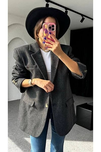 manana fashion Jachetă blazer neagră căptușită cu ștampilă supradimensionată