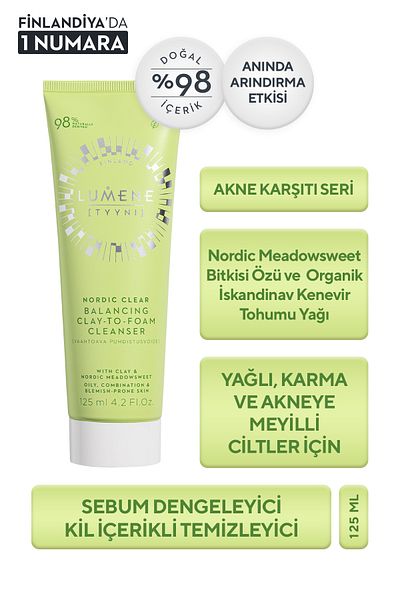 LUMENE Clay Content Facial Cleanser 125 ml – Sebum Balancing, Purifying & Pore Cleansing Foam