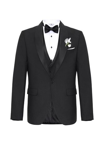 SÜVARİ Sli̇M Calip Shawl Collar Plain Si̇Yah Smoki̇N Bridegroom Suit Elbi̇Se