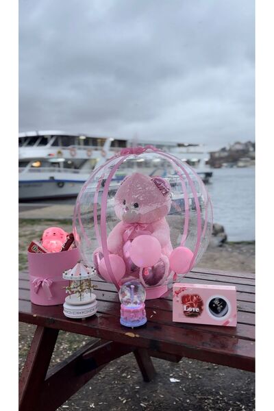 ayıcık Şeffaf Balon İçinde Pembe Ayıcıklı Hediye Seti