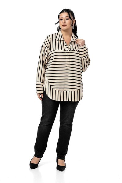 DISENTIS MODEST Plus Size Eyelet Detail V Neck Wide Cut Black Striped Blouse