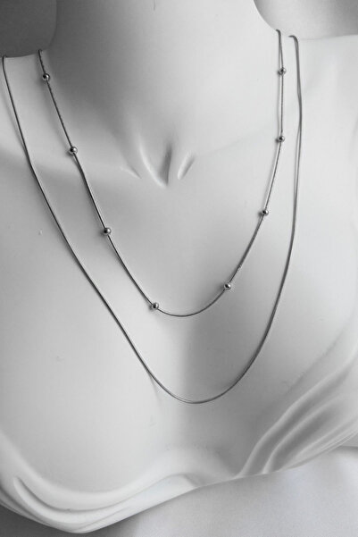 Karflake Gümüş Renk Çelik Zincir Düz Ve Boncuklu Kolye Ile Tasarlanmış Kombin Çelik Kadın Kolye (2 ADET)