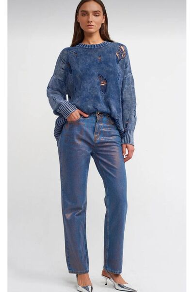 Dilvin K71373 Varak Baskılı Stright Denim Pantolon-bronz