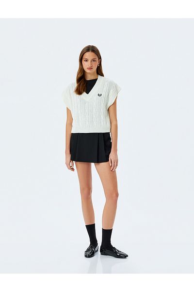 Koton V-Neck Oversize Hair Knitted Sweater with Embroidery Detail