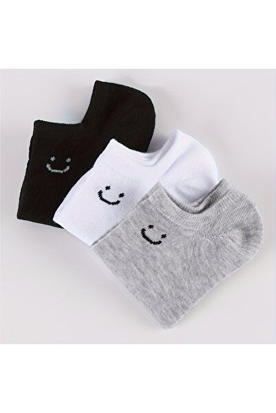 çorapmanya 6 Pairs Cotton Black White Gray Smiley Face Women's Booties Socks
