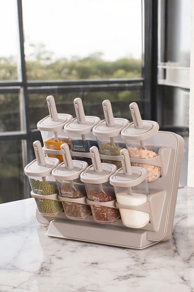 FERAH PLASTİK Set of 8 with Spoon and Spice Rack Wall Mounted - Cappicino
