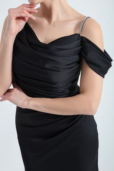 Lafaba Women's Black One Shoulder Stone Strap Long Satin Evening Dress