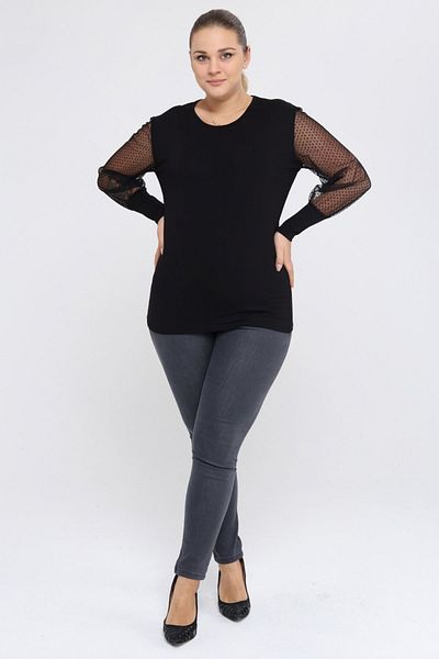 modayız Tulle Sleeve Large Size Black Blouse 7d-2258