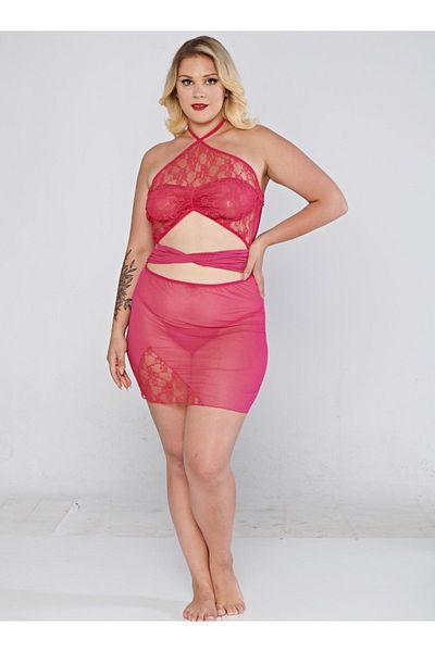DOSESA طقم ثوب نوم نسائي مقاس كبير مع تفاصيل دانتيل وردي - 2XL-3XL مع حشوة من التول الشفاف