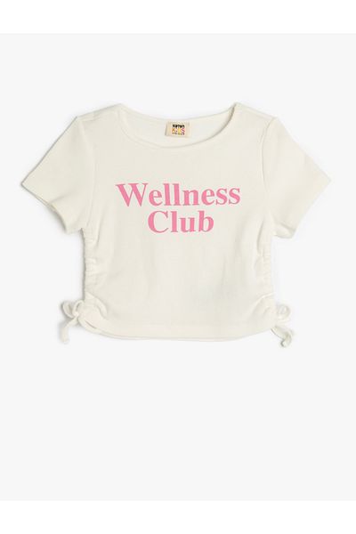 Koton Cotton Slogan Printed Drawstring Detail Short Sleeve Crop T-Shirt