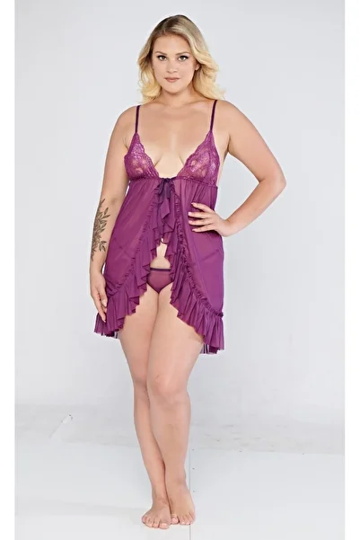 SiaLess Lingerie Women's Purple Strap Plus Size Transparent Tulle Ruffle Detailed Thong Nightgown Set 2Xl-3Xl