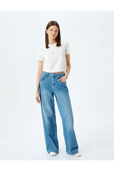 Koton New Season Crop Crew Neck Short Sleeve Slim Fit Bow T-Shirt